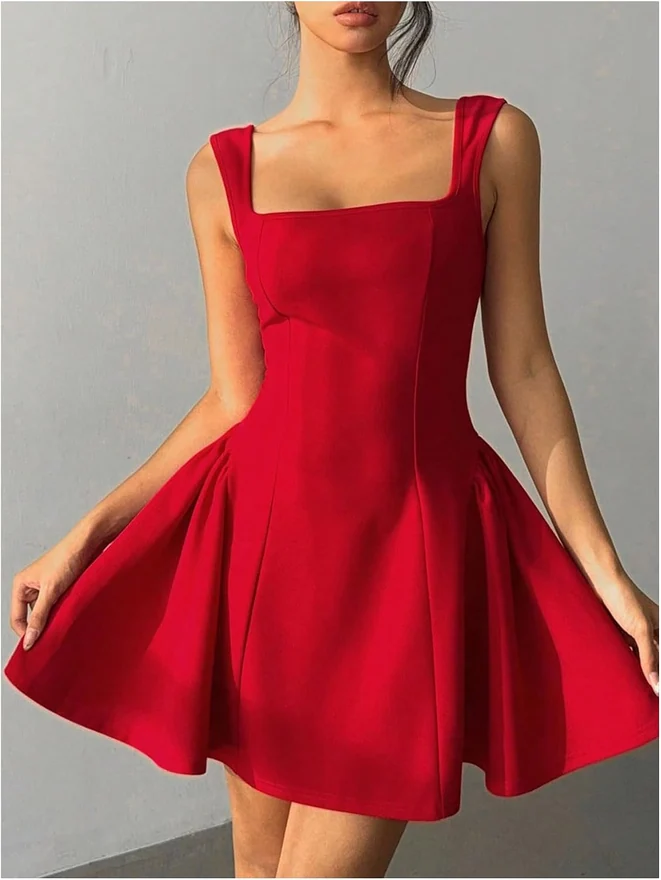 Open Back Bow Mini Ruffle Dress Square Neck Sleeveless Short by OYOANGLE, photograph 3 of 4