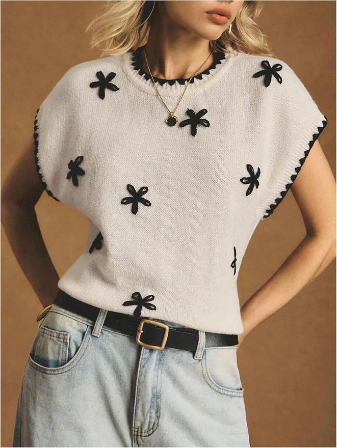 Floral Short Sleeve Sweater Top Pullover Sweater Vest by OYOANGLE, photograph 2 of 4