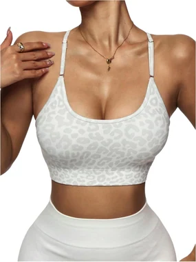 Cheetah Print Sports Bra Criss Cross Bras Strappy Sports in White Grey