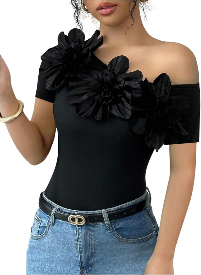 3D Floral Off The Shoulder Tops Short Sleeve Dressy Shirts by OYOANGLE