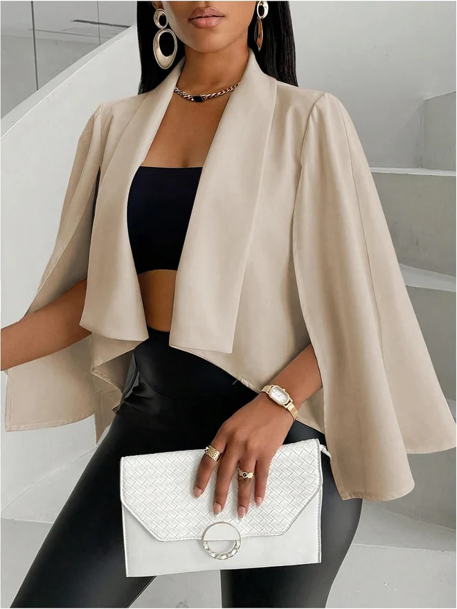 Cape Blazer Long Sleeve Cropped Blazers Jacket Coat Work by OYOANGLE, photograph 2 of 4