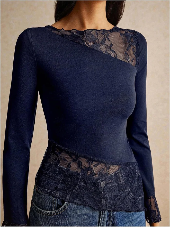 Long Sleeve Boat Neck Tops Deep Blue by OYOANGLE, photograph 4 of 4