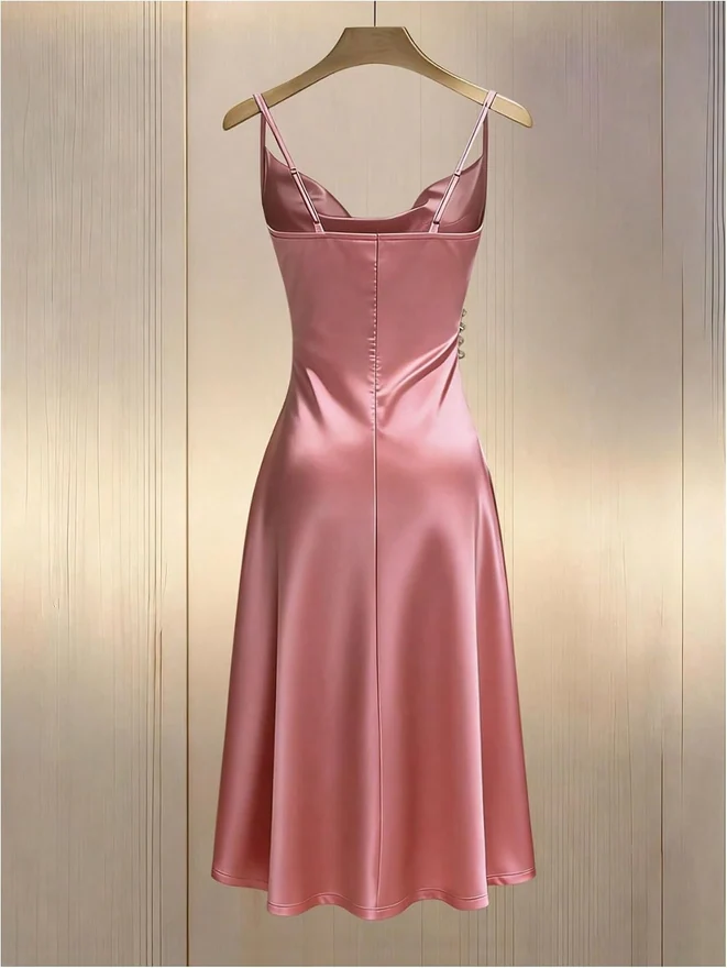 Satin Spaghetti Strap Midi Wedding Dress Elegant Cowl Neck Side by OYOANGLE, photograph 3 of 3