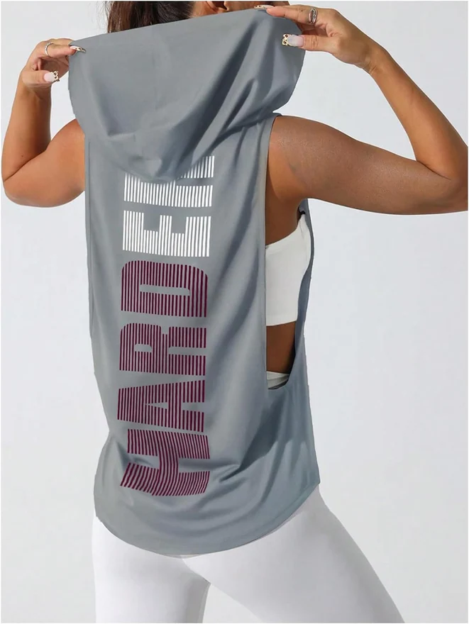 Workout Top Hooded Tank Graphic Print Gym Yoga Shirt Grey by OYOANGLE, photograph 2 of 3