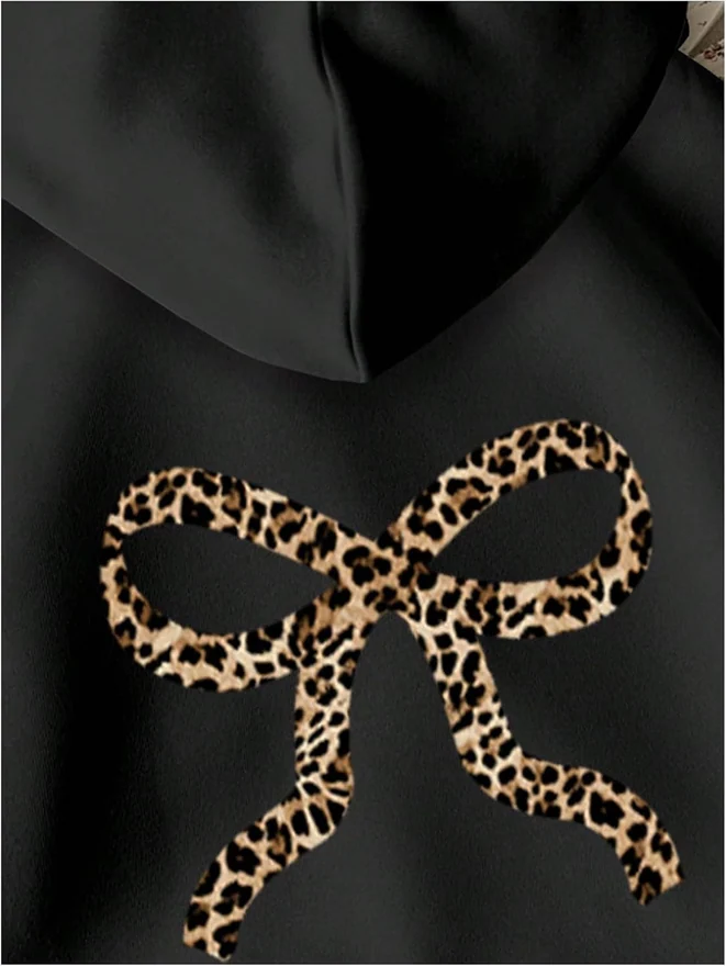 Girl's Bow Leopard Print Oversized Hoodie Long Sleeve Hooded by OYOANGLE, photograph 4 of 4