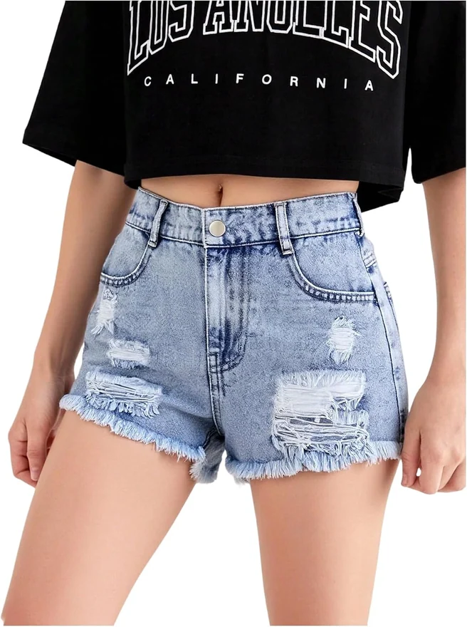 Girl's Ripped Denim Shorts Mid Rise Frayed Raw Hem Jean Shorts by OYOANGLE