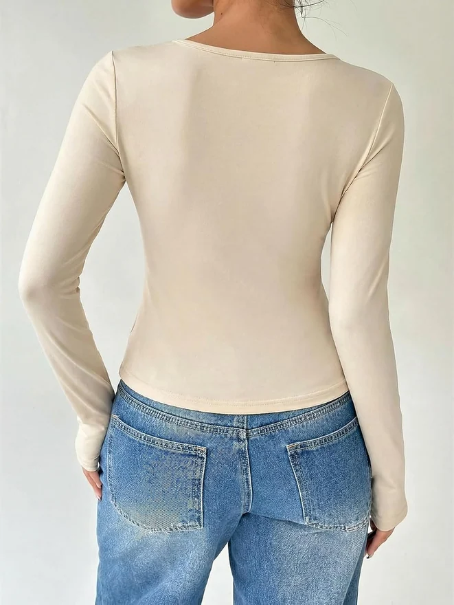 Long Sleeve Tie Knot Front V Neck T-Shirt Split Hem Trendy Tunic by OYOANGLE, photograph 2 of 2