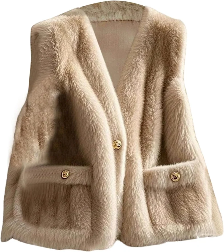 Faux Fur Coat Vest Fleece Sleeveless Jacket with Pockets Apricot by OYOANGLE