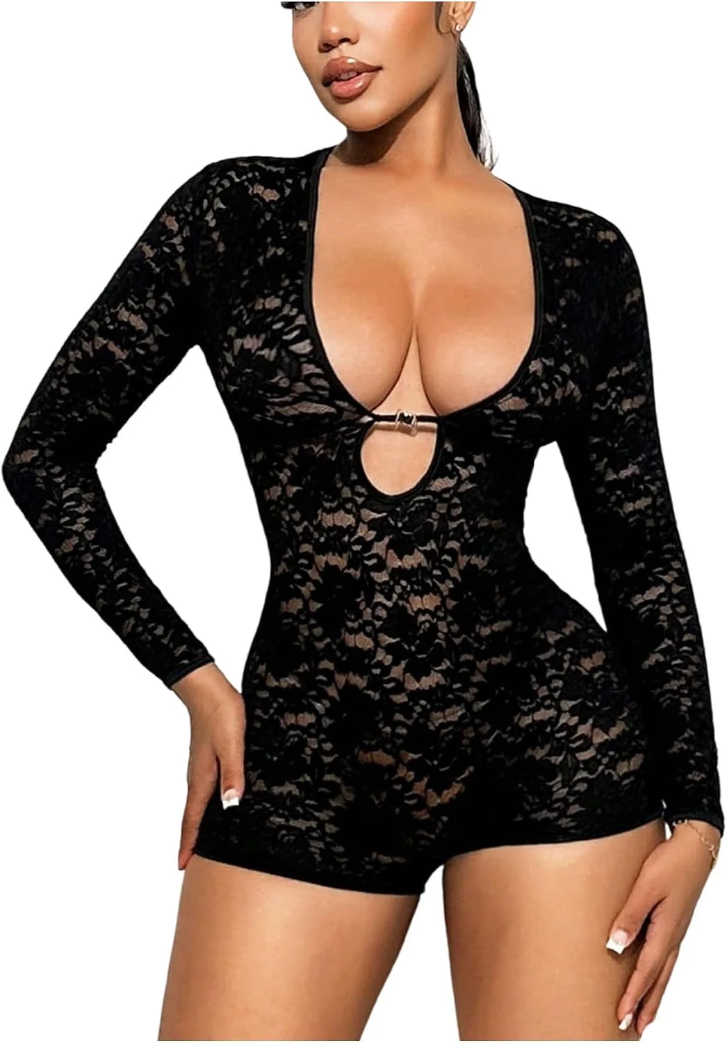 Long Sleeve Low Cut Y2K Floral Lace Skinny Romper Jumpsuit by OYOANGLE, photograph 1 of 4