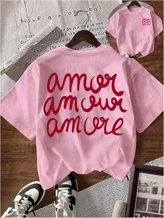 Graphic Tees Letter Print Short Sleeve Tee Shirt Drop Shoulder by OYOANGLE, photograph 2 of 4