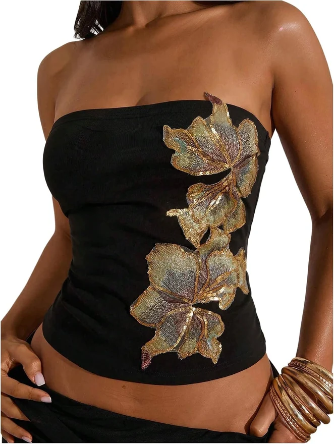 Y2K Floral Sequin Strapless Top Sleeveless Sparkly Fitted by OYOANGLE