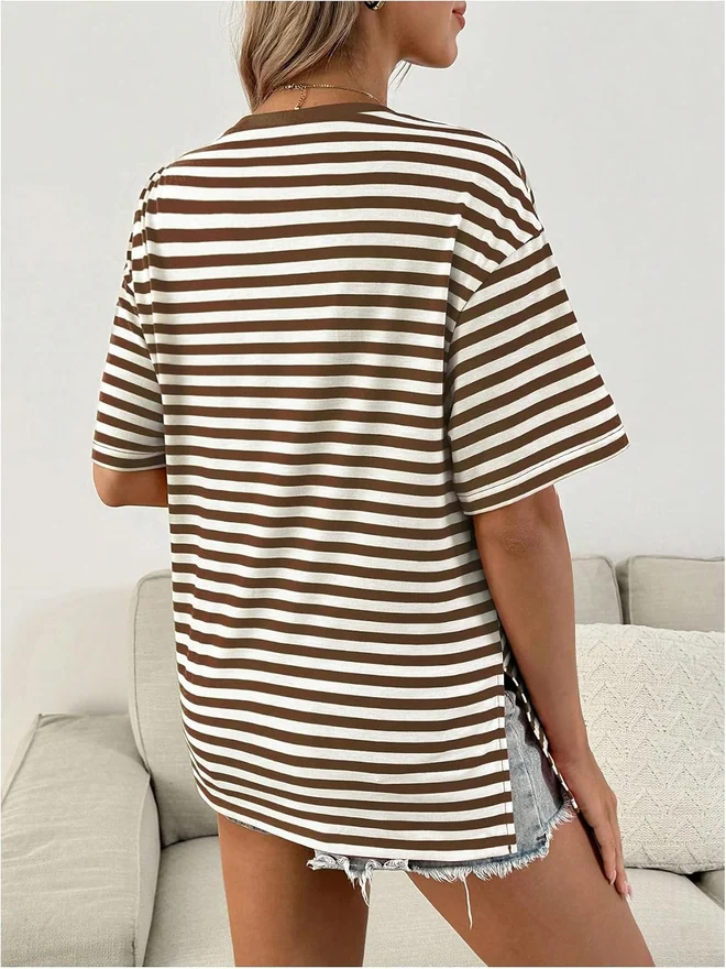 Striped Short Sleeve Maternity T Shirts Crewneck Split Hem by OYOANGLE, photograph 3 of 4