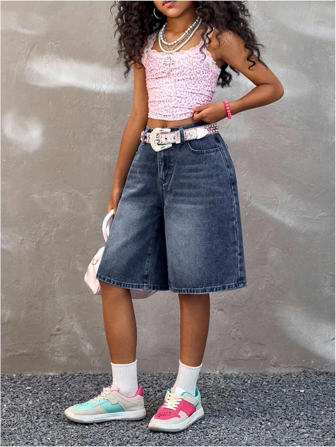 Girl's Baggy Jorts Elastic Waist Wide Leg Bermuda Denim Shorts by OYOANGLE, photograph 3 of 3