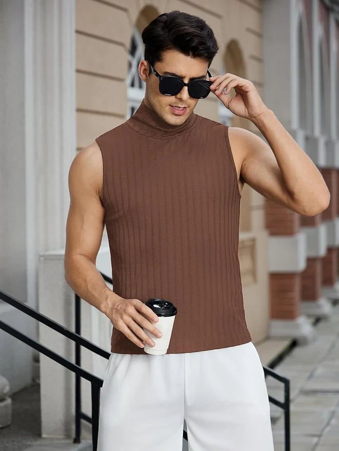 Casual Turtleneck Sleeveless Ribbed Knit Slim Fit Vest Tank Top by OYOANGLE, photograph 3 of 3