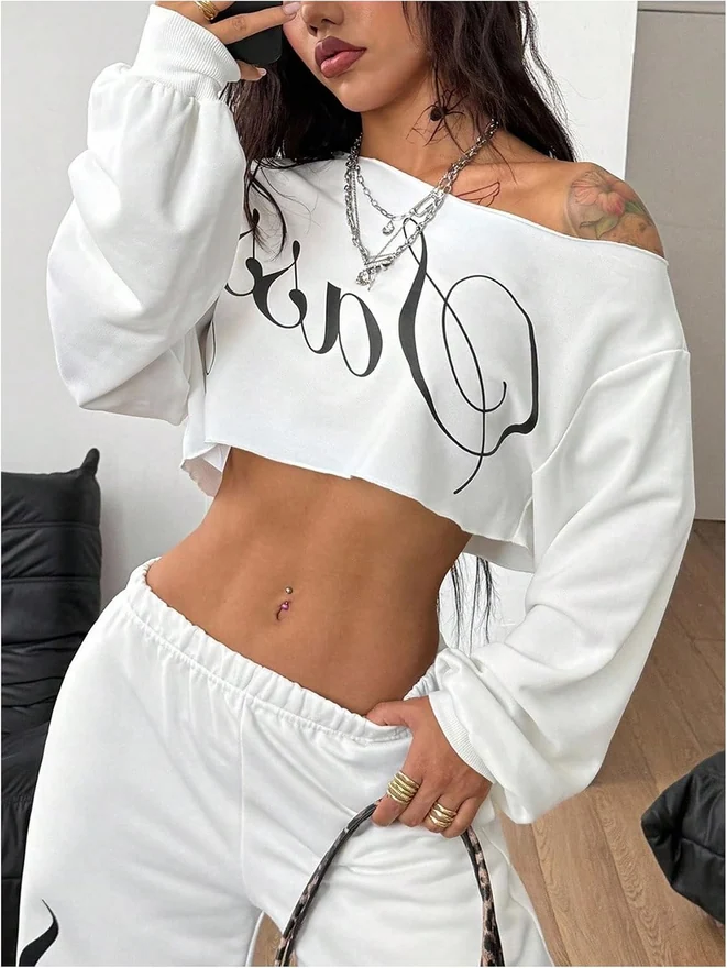 Y2K Letter Off The Shoulder Sweatshirt Oversized Crop Top by OYOANGLE, photograph 4 of 4