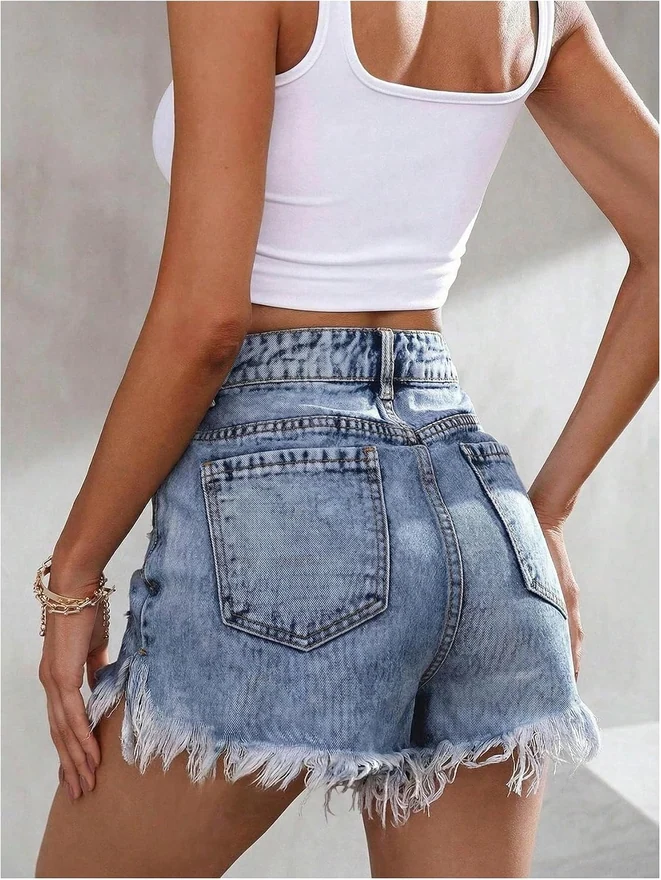 Y2k Ripped Denim Shorts High Waist Frayed Hem Jean Shorts by OYOANGLE, photograph 3 of 4