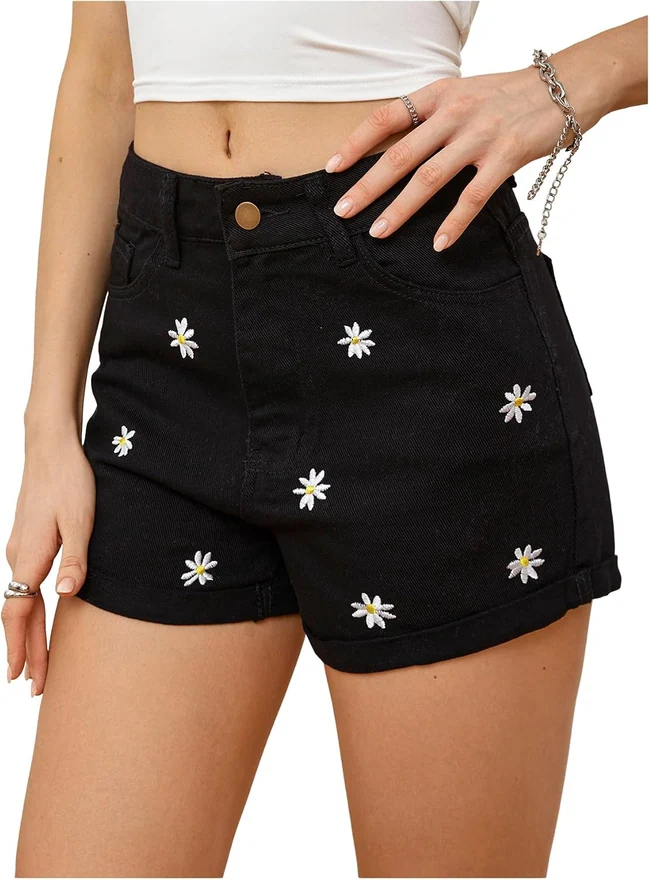 Floral Denim Shorts Wide Leg Embroidered Jean Shorts by OYOANGLE