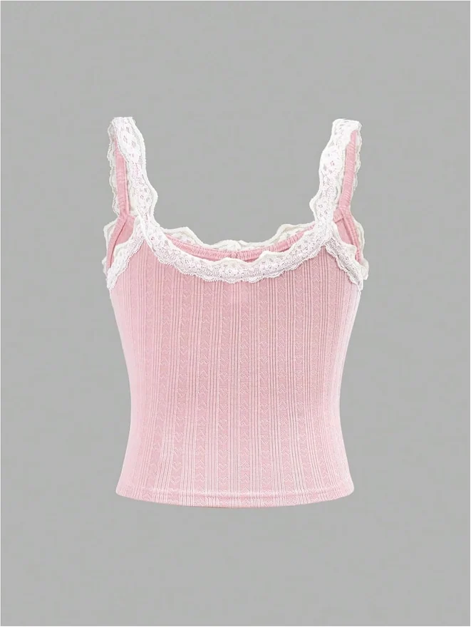Girl's Cute Ribbed Spaghetti Strap Tank Tops Light Pink by OYOANGLE, photograph 2 of 4