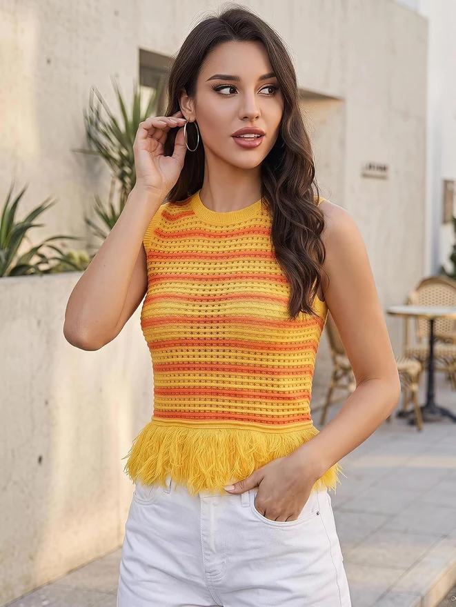 Striped Crochet Sweater Vest Boho Fringe Crew Neck Hollow Out by OYOANGLE, photograph 2 of 3