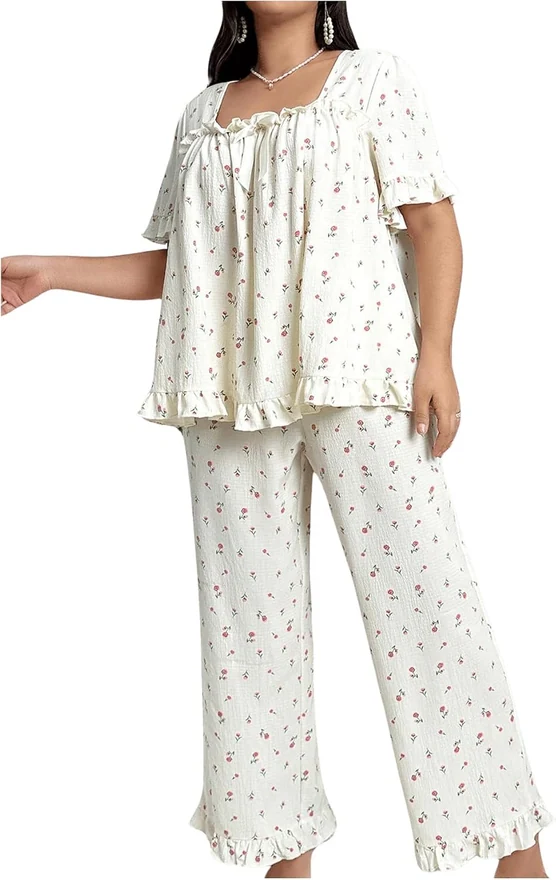 Plus Size Pajama Set Floral Short Sleeve Sleepwear Pjs by OYOANGLE, photograph 2 of 4