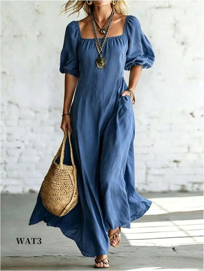Off Shoulder Maxi Dress Puff Sleeve Flowy Vacation Dress by OYOANGLE, photograph 3 of 3