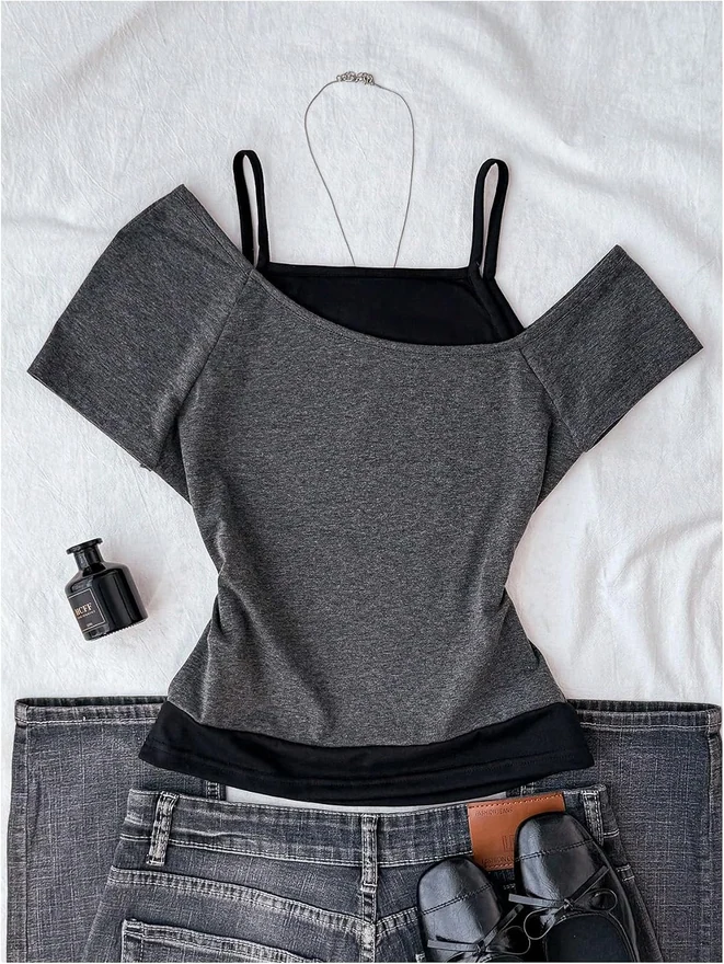 Girl's Vintage Emo Grunge Graphic Tops Y2K Off The Shoulder Tops by OYOANGLE, photograph 2 of 4