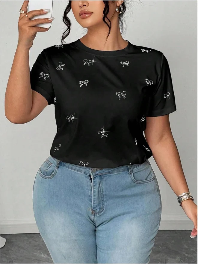 Plus Size Rhinestone Bow Top Short Sleeve Crew Neck Tee Shirts by OYOANGLE, photograph 3 of 4