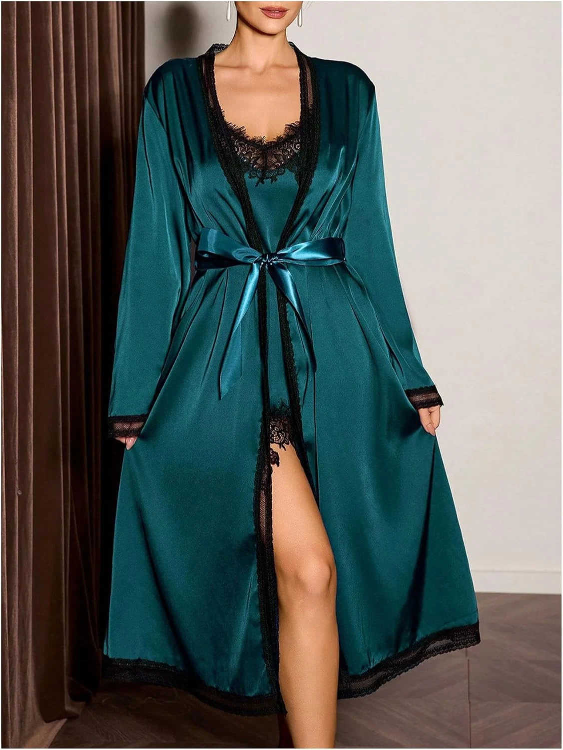 2 Piece Silky Satin Nightgown Spaghetti Strap Lace Slip Dress by OYOANGLE, photograph 1 of 3
