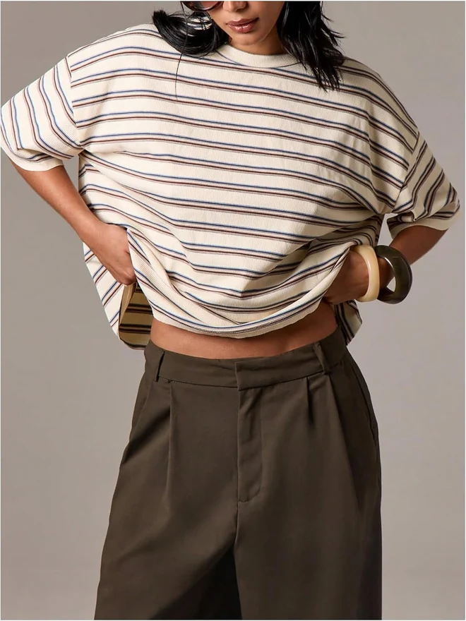 Oversized Striped T Shirts Ribbed Knit Y2k Going Out Tops by OYOANGLE, photograph 2 of 4