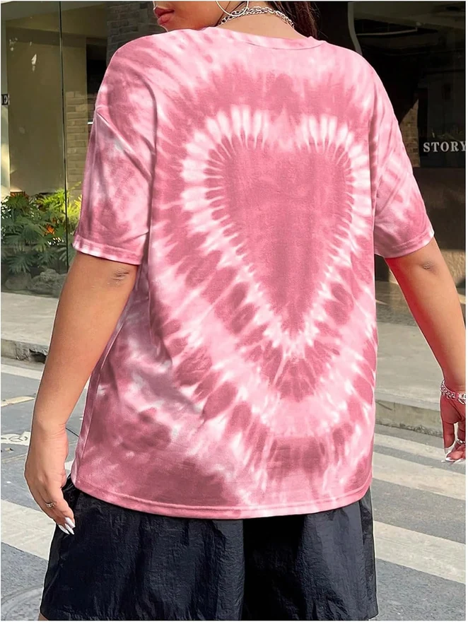 Plus Size Tie Dye Heart Graphic T Shirt Short Sleeve Crew Neck by OYOANGLE, photograph 2 of 4